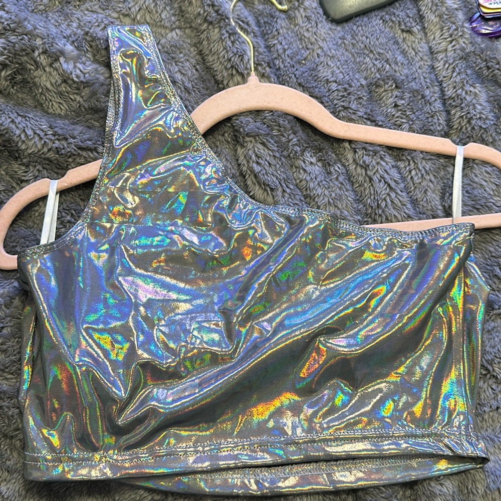 Shein Trendy Women's Size M one shoulder silver metallic crop top!